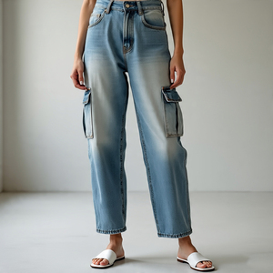 Pantalones vaqueros acampanados informales, pantalones vaqueros de pierna ancha holgados de lavado Vintage para mujer, pantalones vaqueros de pierna ancha lavados - Product Image 4