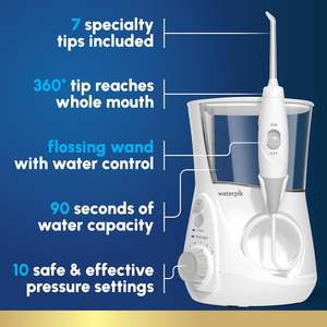 เครื่องทำความสะอาดช่องปาก Waterpik Aquarius แบบไฟฟ้า 10 ระดับการปรับ 7 หัวฉีด ได้รับการรับรองมาตรฐาน ADA สำหรับการดูแลฟัน เหงือก และเครื่องมือจัดฟัน ใช้งานได้หลายคน สีขาว รุ่น WP-660 - Product Image 2