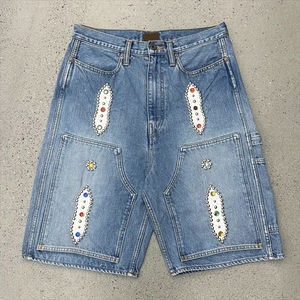 Applique Broderie sur Jorts en Denim Lavé Bleu Luxueux LOGO Personnalisé avec Double Genou Design pour Cargo Streetwear - Product Image 6