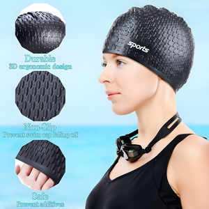 Bonnet de bain ergonomique 3D en silicone pour cheveux longs, antidérapant, imperméable, avec logo personnalisé, équipement <span class=keywords><strong>d</strong></span>'entraînement en <span class=keywords><strong>piscine</strong></span> en gros - Product Image 3