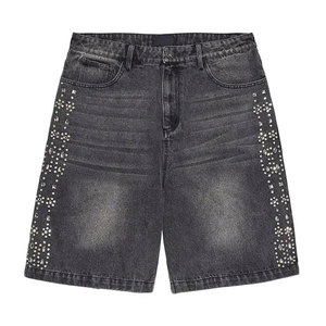 Venta al por mayor OEM HOMBRES Pantalones cortos de diamantes de imitación de alta calidad 100% algodón Sun Fade Rhinestone Patrón sólido Casual Streetwear Pantalones cortos de los hombres - Product Image 2