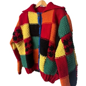 Custom Embroidered <b>Crochet</b> Oversized Patchwork Color Block Chunky-<b>Knit</b> 100% Cotton <b>Cardigan</b> Moss Stitch Ribbed Button Front OEM - Product Image 3