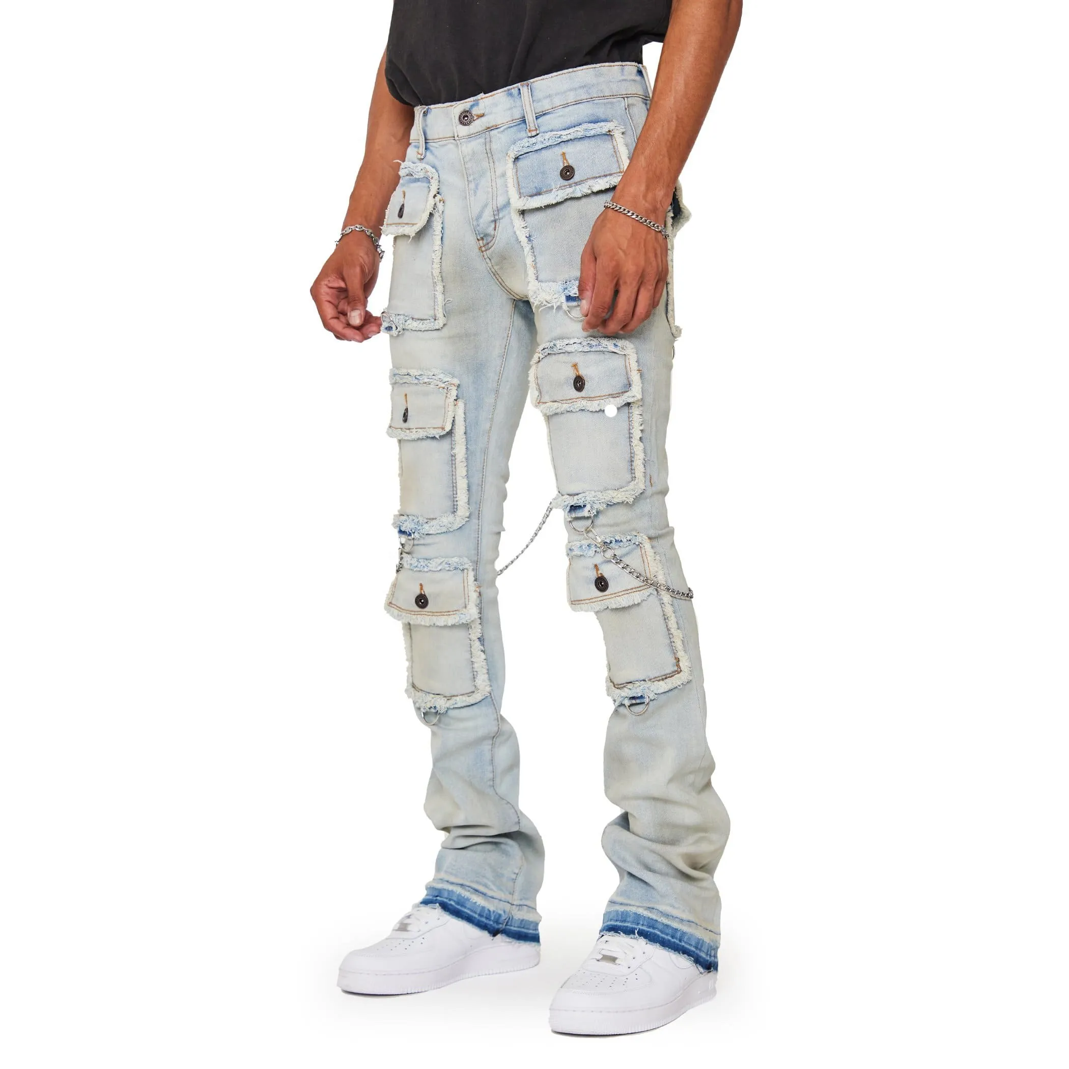 High Quality Men Denim Cargo Jeanes Pants Fashion Custom Logo Winter and Summer Streetwear Blue Slim OEM Stacked Jeanes Men