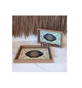 Bandeja de madera y cuero para servir con asas de metal dorado Bandeja de desayuno de forma redonda de calidad superior en India - Product Image 3