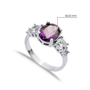 Anillo de racimo de piedra CZ redonda de amatista ovalada, joyería de plata de ley 925 hecha a mano turca al por mayor para dama - Product Image 2