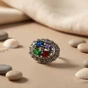 Platinum Women's <b>Statement</b> <b>Ring</b> with Multi-Color Natural Stone Pear Shape and Oval Cut Geometric Gemstone Jewelry - Product Image 1