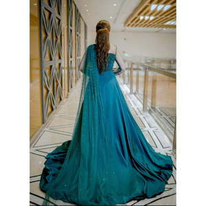 Robe longue trapèze Merram en soie brute vert-mer pour filles, design taille naturelle - Product Image 3