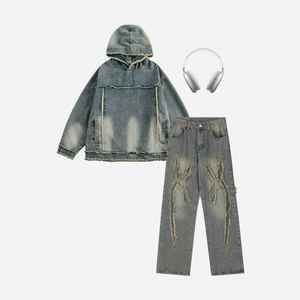 Nouveaux sweats à capuche surdimensionnés pour hommes en denim tendance avec logo personnalisé, sweats à capuche en coton, couleur unie, streetwear, sweats à capuche zippés délavés à l'acide - Product Image 3