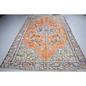 Tapis vintage turc en laine patchwork 6,3x10,1 pieds, avec support en latex écologique, orange et bleu, grand tapis persan - Product Image 3