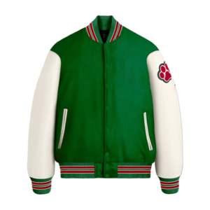 Veste universitaire en gros avec broderie personnalisée, veste universitaire streetwear, vestes universitaires vertes et blanches - Product Image 1