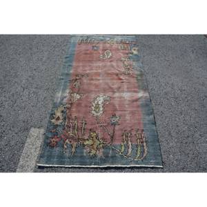 Alfombra de lana turca Vintage de 3,5x6,8 pies tejido plano de retazos rojo y azul para decoración de sala de estar respaldo de látex - Product Image 1