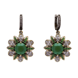 Fleur ronde émeraude CZ authentique pouf boucles d'oreilles turc fait à la main en gros 925 bijoux en argent Sterling - Product Image 1