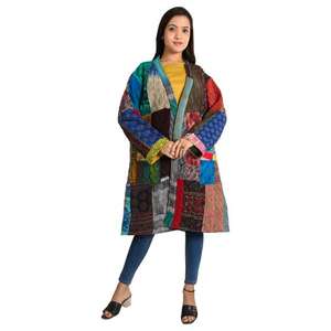 Vintage Boho Kantha Patchwork Reversible Jacket Recycled Silk Patchwork <b>Coat</b> for Women Handmade Casual Wear with Woven Technique - Product Image 1