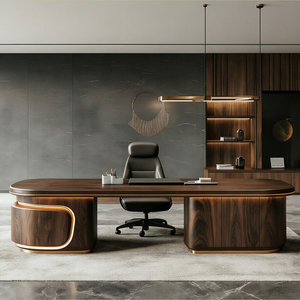 Modern Solid Ash Wood Oval Executive <b>Desk</b> Warm Brown Finish Spacious <b>Work</b> Surface Durable Joinery 1-Year Warranty - Product Image 1