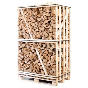 Bois de chauffage sec Ankara : Lot de bois empilé dans une caisse en bois avec sangles métalliques pour stockage extérieur - Product Image 1