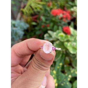 925 <b>Silver</b> Gemstone <b>Ring</b> with Rose Quartz & Ruby <b>Statement</b> Pear Shape Fine Jewelry for Engagement Inlaid with Pearl - Product Image 3