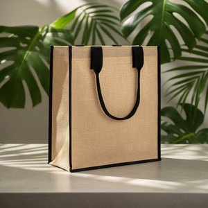 Eco-Friendly Reusable Blank Jute Tote <b>Bag</b> 14 X 16 X 4 Inches <b>Medium</b> Shopping Trolley Black Handles Washable Letter Patterned - Product Image 1