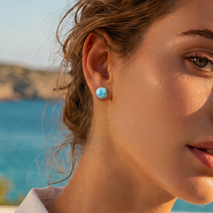 Boucles d'oreilles clous Jeulia en larimar bleu taille ronde, serties clos en argent sterling, bijoux de mariage - Product Image 5