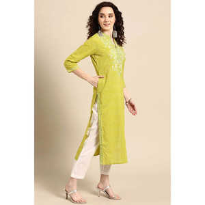 Kurta Recta Bordada en Popelina Verde Lima para Mujer - Product Image 3