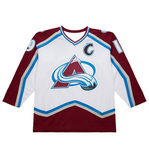 Maillot de hockey - Blanc/Bordeaux/Accents bleus - « Sakic 19 » - Capitaine « C » - Logo rétro « A » - Maillot de sport respirant - Impressions 3D HD - Product Image 2
