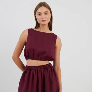 Summer Wear Top Solid Pattern Women Fitted Maroon Western Solid Printed Relaxed Sleeveless Halter Neck Linen Available Big Size - Product Image 1