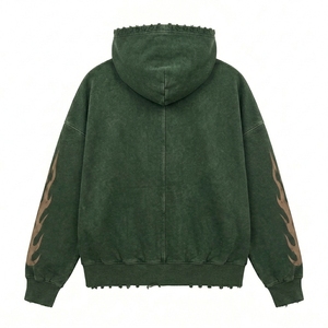 Sudadera con capucha verde desgastada con cremallera para hombre, estilo oversize, gráfico, de forro polar, informal, personalizada, a la moda - Product Image 2