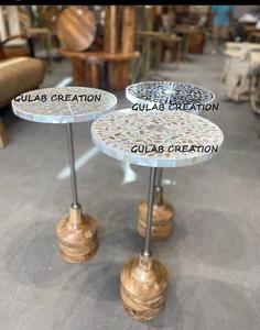 Handcrafted Modern Mother of Pearl Inlay Round Coffee <b>Table</b> Solid Wooden Base Luxury Artisan Accent <b>Table</b> Living Room Home Decor - Product Image 2