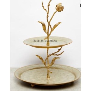 New Pattern Arrival High Grade Gold Plated Heavy Duty Metal Leaves Design With Unique Fancy Texture 2 <b>Tier</b> <b>Cake</b> <b>Stand</b> From India - Product Image 1