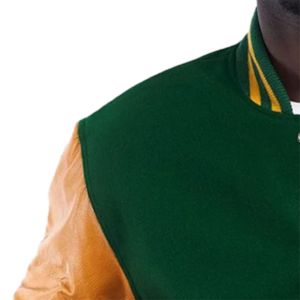 แจ็คเก็ตเบสบอลบอมเบอร์สีเขียวสำหรับทุกเพศเสื้อแจ็กเก็ตทีมเบสบอลแขนหนังสีและโลโก้แบบกำหนดเอง - Product Image 3