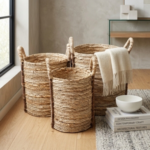 Natural Banana Bark Recycled <b>Plastic</b> <b>Basket</b> Set Cylinder Arch Handle Tall Pot Planter Pure Art Setup Room Decor Art Craft Setup - Product Image 4