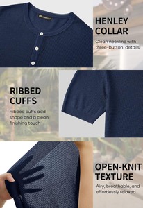 T-shirt Henley à manches courtes en coton biologique 100 % bleu marine pour homme, coupe classique, décontracté, respirant, poids du tissu 320 g, devant - Product Image 5