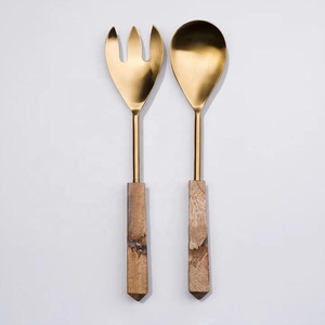 Ensemble de service en acier inoxydable or mat poli manche en bois complet ensemble de service de bar à salade serveur de soupe de mariage - Product Image 1