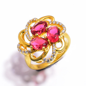 925 Sterling Silver Vintage Gold Plated <b>Ring</b> Natural Rhodolite Quartz Gemstone Bezel Setting Wedding & Party Jewelry - Product Image 1