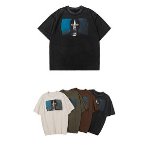 เสื้อยืดผู้ชายแขนสองชั้นทรงหลวมสะพายไหล่ Y2k ผ้าเช็ดพิมพ์ลายสตรีทแวร์ผ้าฝ้ายพรีเมี่ยมแบบกำหนดเอง - Product Image 1