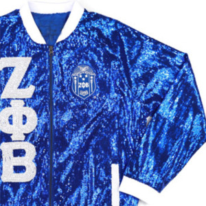 ZPB Sequin Jacket Blue 100% Polyester Zeta Phi Beta Jacket avec logos brodés Sequin Sleeves Front Zip & Ribbed Poignets - Product Image 6