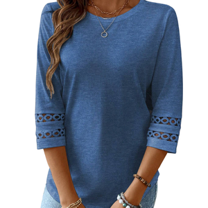 Blusa Azul para Mujer, Manga Larga, con Encaje, Transpirable, 100% Algodón, Camiseta Informal, Top para Uso Diario - Product Image 3