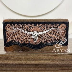 Usine prix de gros concepteur usiné à la main en cuir de vachette à deux volets Long portefeuille pour femmes Longhorn Bull Skull Design embrayages - Product Image 1