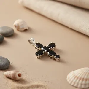 "Rhodium-Plated Geometric Black Onyx Cross Pendant for Women on Box <b>Chain</b>-Trendy Design" - Product Image 3