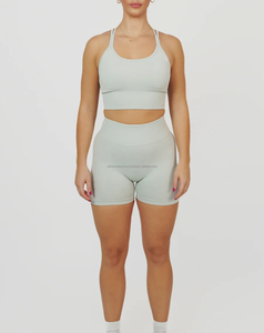 Conjunto de Yoga de Alto Soporte para Mujer, Bra y Short sin Costuras, Diseño Personalizado, Color Sólido, Ecológico, Transpirable, Ajuste Ceñido, MOQ Bajo - Product Image 1