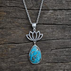 Pendentif Lotus avec Mohave Blue Turquoise Pendentif en argent 925 Pendentif en argent Cadeau pour Noël - Product Image 5