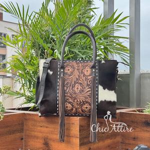 New Women's Genuine Hand Tooled Cowhide Leather <b>Tassel</b> Tote <b>Bag</b> Trendy Floral Design Cowgirl Crossbody Western Carry Handbag - Product Image 1