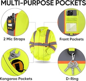 Chaqueta con capucha de seguridad, Sudadera con capucha de lana reflectante de alta visibilidad, equipo PPE para clima frío cumple con ANSI III - Product Image 4