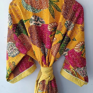 Winter Wear Sweet Style Kantha Jacket Long <b>Coat</b> Screen Print Floral V-neck Kimono <b>Robes</b> Soft Fabric Handmade Stitched Natural - Product Image 1