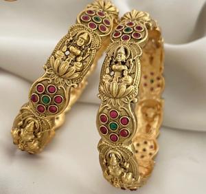 Designer Premium Quality <b>Gold</b> Plated Stylish Temple <b>Bangles</b> Two Pair Of <b>Bangles</b> <b>Set</b> for Wedding Collection For Women - Product Image 1