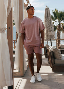 Top vente coupe surdimensionnée 2 pièces tissu en jersey de coton lavé ensemble t-shirt et short pour hommes tenue de gymnastique et d'entraînement plage et Streetwear - Product Image 4