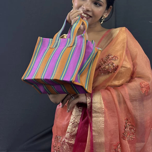 Rpet ถุงไนลอนขนาดเล็กแบบมีซิปใช้ซ้ำได้เป็นมิตรต่อสิ่งแวดล้อมผ้าทอมือลายขวางกระเป๋าชายหาดพลาสติกรีไซเคิลทำจากอินเดีย - Product Image 1