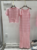 Ensemble de 3 pièces de haute qualité pour femmes, robe en tricot à perles avec haut à manches courtes, cardigan à manches longues et robe en tricot mi-longue