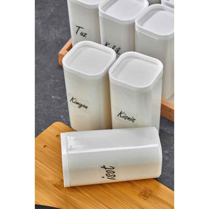 Wooden Stand Labeled 12 Piece 300 Ml Mica Leakproof Vacuum Lid Spice Jar Set Storage Container