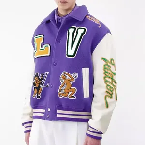 Chaquetas de hombre con parche bordado de chenilla personalizadas al por mayor chaquetas de hombre de manga de cuero bombardero de béisbol Letterman Versity