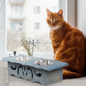 Bols surélevés en acier inoxydable en bois d'acacia lavé bleu Station d'alimentation et d'eau pour animaux de compagnie Mangeoire pour chiens et chats Bols et mangeoires surélevés - Product Image 5